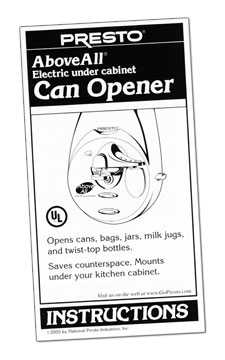 Instruction Booklet for AboveAll<sup>®</sup> electric under cabinet can  openers - Service Parts - Presto®