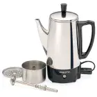 The 6-cup Stainless Steel Coffee Maker with the filter basket and perk tube alongside.