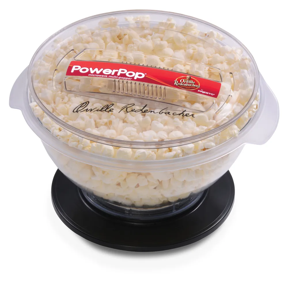 04830 Orville Redenbacher's PowerPop microwave multi-popper by Presto with popped corn in the bowl.