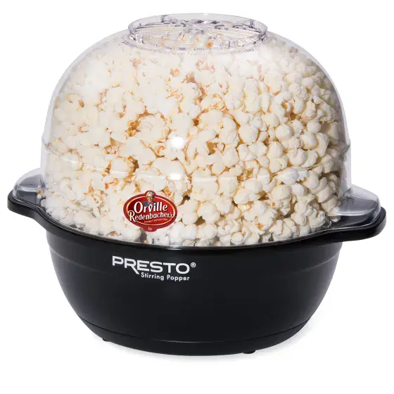 05204 Orville Redenbacher's Stirring Popper by Presto with the cover filled with popcorn.