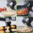A four scene montage showing the  Professional SaladShooter&reg; electric slicer/shredder slicing an apple into a pie crust, shredding peppers into stir fry, shredding potatoes onto a griddle, and shredding cheese onto a pizza.