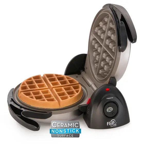 03510 FlipSide Belgian Waffle Maker with the cover open and a baked waffle on the cooking grid.