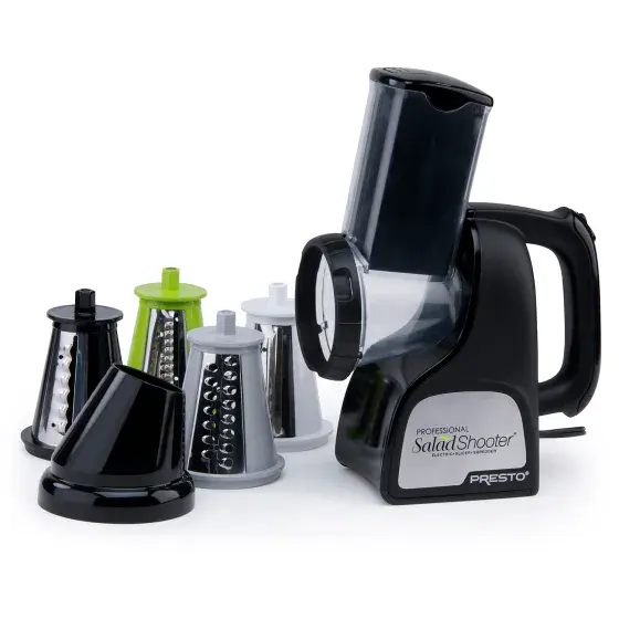 02970 Professional SaladShooter&reg; electric slicer/shredder with four processing cones and a funnel guide.