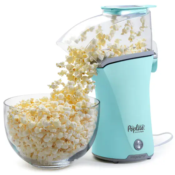 04867 PopLite Plus hot air corn popper with popped corn pouring in a bowl.
