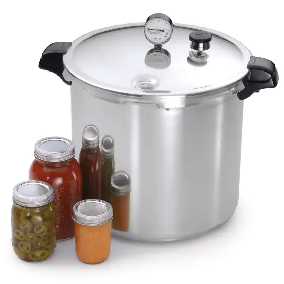 01784 23-quart Induction Compatible Pressure Canner with three jars of canned food.