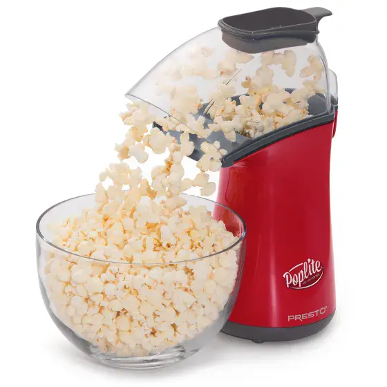 04863 red PopLite hot air popper with popped corn flowing into a bowl.