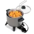 The Kitchen Kettle deep fryer/multi-cooker with the basket hooked to the rim. Deep fried food is in the basket.