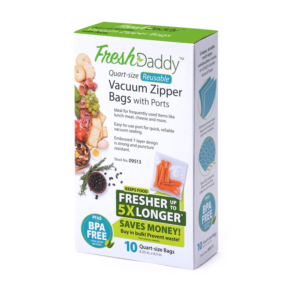 FreshDaddy™ Quart-size Reusable Vacuum Zipper Bags with Ports