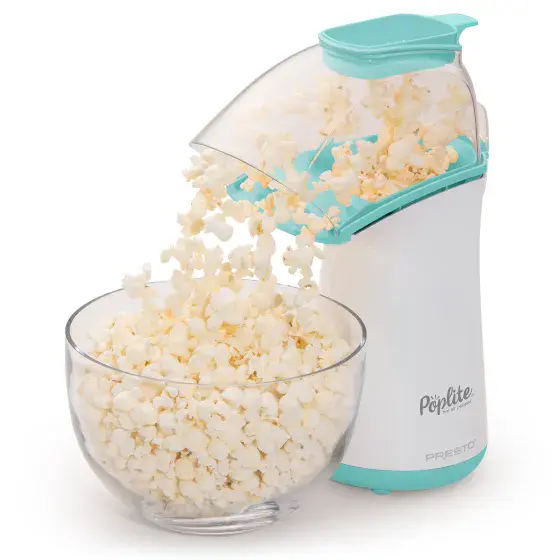 04869 white and aqua PopLite hot air popper with popped corn flowing into a bowl.