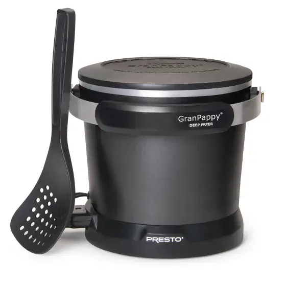 05411 GranPappy electric deep fryer with the cover on. The scoop is leaning against the unit.