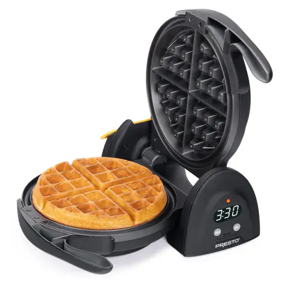 03518 FlipSide Belgian Waffle Maker with the cover open and a baked waffle on the cooking grid.