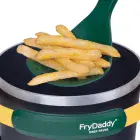 A close-up of the Green and Gold FryDaddy electric deep fryer with French fries in the scoop.