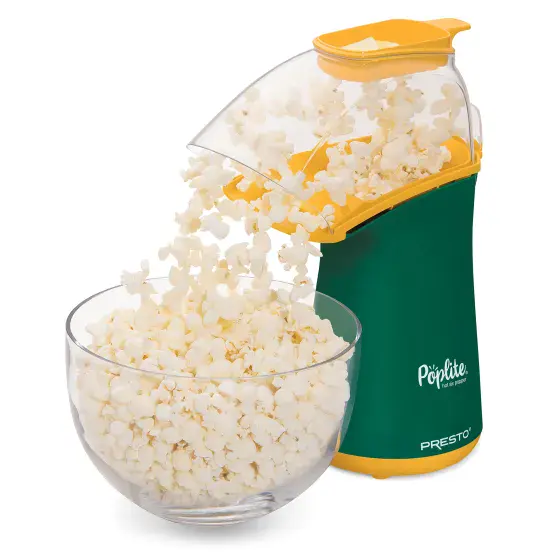 04870 Green and Gold PopLite hot air popper with popped corn flowing into a bowl.