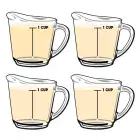 Four measuring cups containing cooking oil.