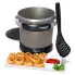 The FryDaddy electric deep fryer with the cover off, the scoop along side, and a plate of onion rings in the foreground.