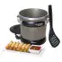 The FryDaddy electric deep fryer with the cover off, the scoop along side, and a plate of egg rolls in the foreground.