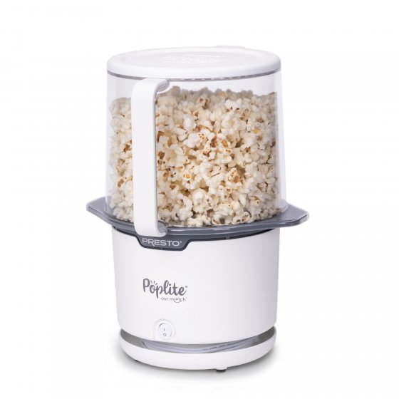 04812 PopLite Our Munch hot air corn popper with popped popcorn in the cover.