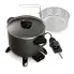 The Presto Kitchen Kettle multi-cooker/steamer with the glass cover on and the heat control and basket to the right of the multi-cooker.