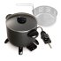 The Presto Kitchen Kettle multi-cooker/steamer with the glass cover on and the heat control and basket to the right of the multi-cooker.