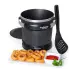 The FryDaddy® electric deep fryer with a plate of onion rings in the foreground.