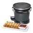 The GranPappy&reg; electric deep fryer with the cover on. A plate of egg rolls is in the foreground.
