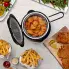 An overhead view of the 1-liter Electric Deep Fryer with the cover open and fried food in the basket.