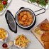 An overhead view of the 1-liter Electric Deep Fryer with the cover open and fried food in the basket.