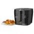 The CoolDaddy cool-touch deep fryer with the cover closed and a plate of onion rings to the left of the fryer.