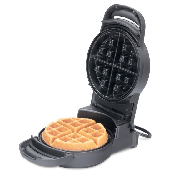 03517 Flip Belgian Waffle Maker with the cover open and a baked waffle on the cooking grid.