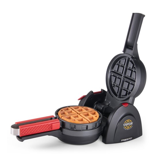 03512 Stuffler stuffed waffle maker with the cover open and a baked waffle on the cooking grid.