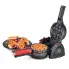 The Stuffler stuffed waffle maker with the cover open and a baked waffle on the cooking grid. A stuffed waffle, cut into quarters, is on a plate in the background.