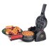 The Stuffler stuffed waffle maker with the cover open and a baked waffle on the cooking grid. A stuffed waffle, cut into quarters, is on a plate in the background.