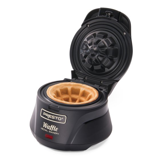 03500 Belgian Waffle Bowl Maker with the cover open and a waffle bowl on the cooking grid.