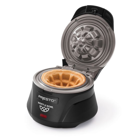 03501 Belgian Waffle Bowl Maker with the cover open and a waffle bowl on the cooking grid.