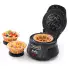 The Belgian Waffle Bowl Maker with the cover open and a waffle bowl on the cooking grid. Two filled waffle bowls are to the left of the unit.