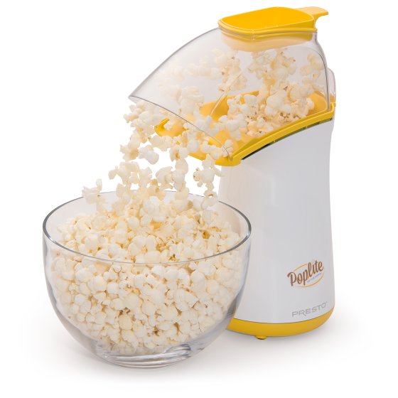 04820 white and yellow PopLite hot air popper with popped corn flowing into a bowl.