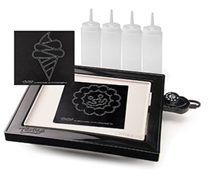 0708001 PanGogh Pancake Art Griddle with art templates and batter bottles.