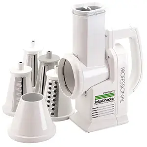 The original white 029701 Professional SaladShooter® electric slicer/shredder with processing cones and funnel guide.