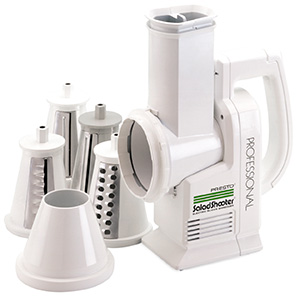The original white 029701 Professional SaladShooter&reg; electric slicer/shredder with processing cones and funnel guide.