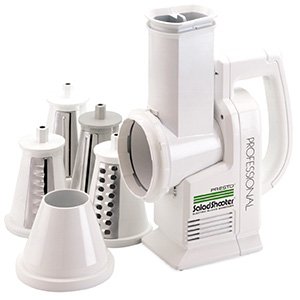 The white 0297003 Professional SaladShooter® electric slicer/shredder with processing cones and funnel guide.