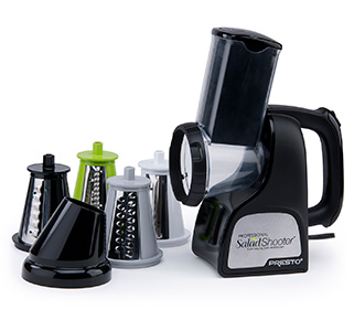 The Black 0297004 Professional SaladShooter electric slicer/shredder with processing cones and funnel guide.