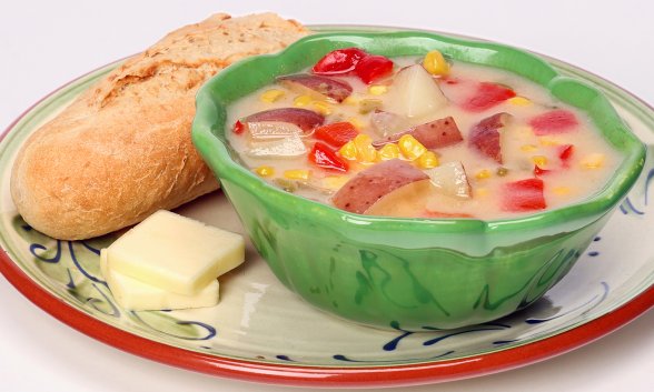 Corn, Pepper, and Potato Chowder in a bowl.
