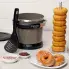 The FryDaddy electric deep fryer on a kitchen counter. The cover is off, the scoop is along side, and a plate of donuts is in the foreground.