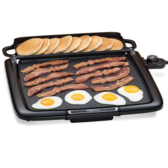 07023 Cool-touch Electric Griddle/Warmer Plus cooking bacon and fried eggs with pancakes in the tray.
