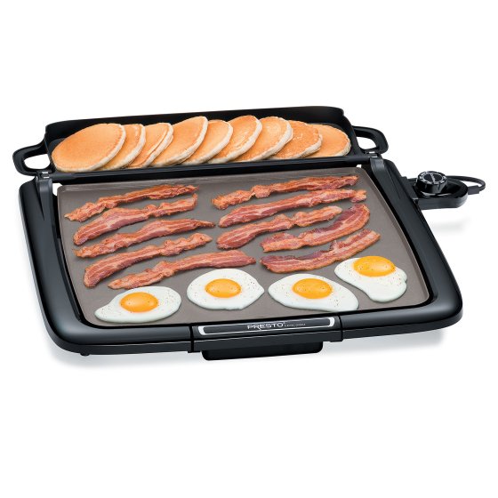 07024 Cool-touch Electric Griddle/Warmer Plus cooking bacon and fried eggs with pancakes in the tray.