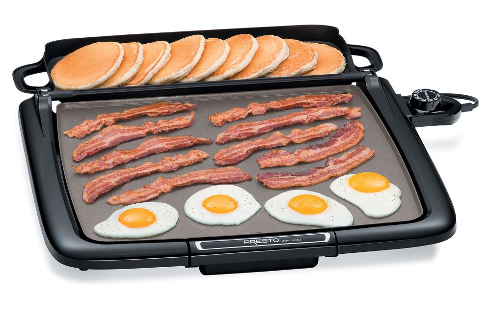 07024 Cool-touch Electric Griddle/Warmer Plus cooking bacon and fried eggs with pancakes in the tray.