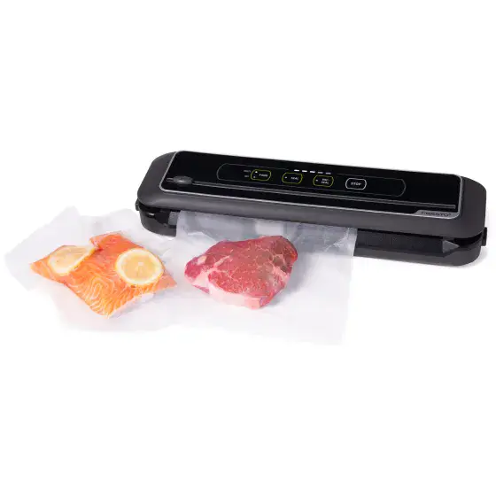 05621 FreshDaddy Compact Vacuum Sealer with bags of vacuum sealed food.