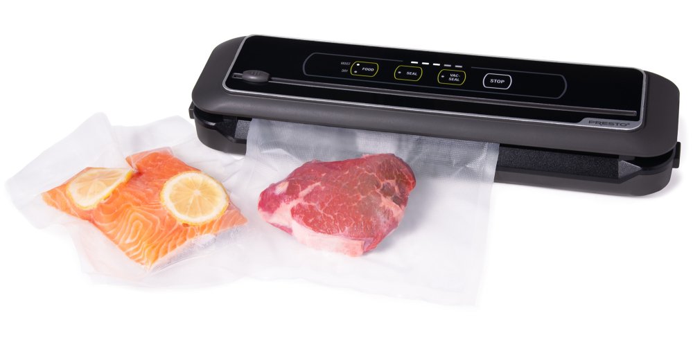 05621 FreshDaddy Compact Vacuum Sealer with bags of vacuum sealed food.