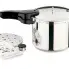 The 6-Quart Stainless Steel Pressure Cooker with the pressure regulatr, cooking rack, and instruction book alongside.