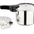 The 6-Quart Stainless Steel Pressure Cooker with the pressure regulatr, cooking rack, and instruction book alongside.